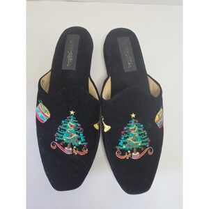 New York Lites Black Velvet Mule Slippers Christmas Tree Ornament Embroider SZ 6